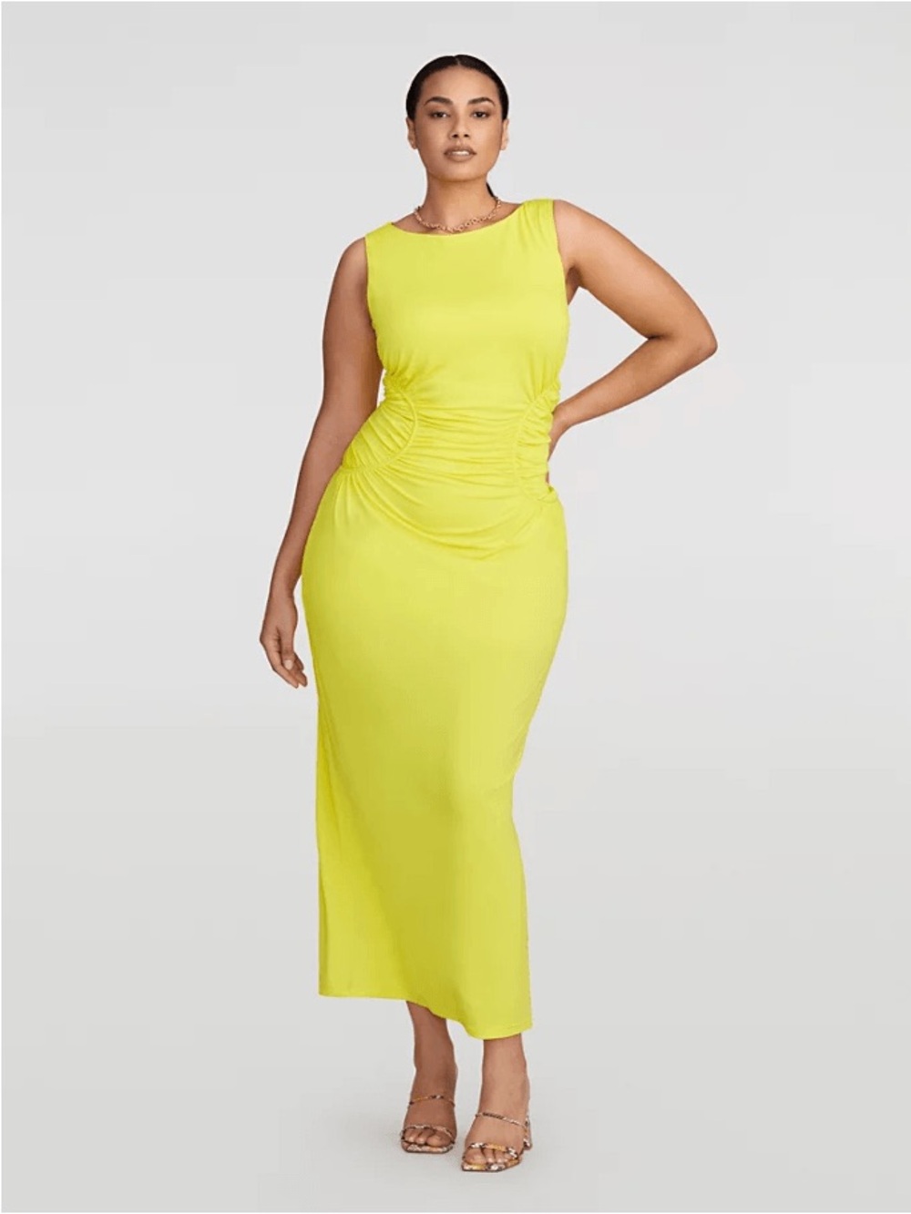 Gabrielle Union Nula Yellow Ruched Maxi Dress XXL Sleeveless Bodycon Stretch